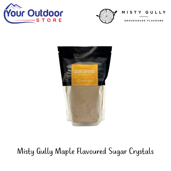Misty Gully Maple Flavoured Sugar Crystals | Hero Image Showing All Logos And Titles.