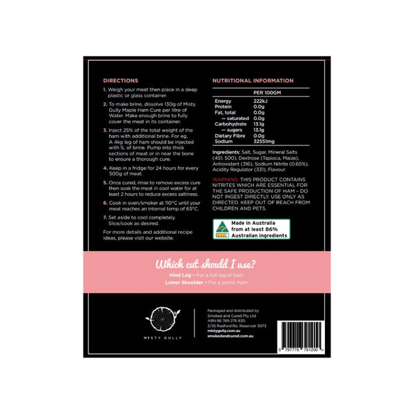 1 kg | Misty Gully Maple Ham Cure Image Showing Back Of Packaging.