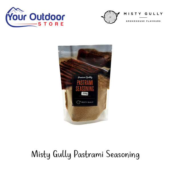 Misty Gully Pastrami Seasoning | Hero image Showing All Logos And Titles.