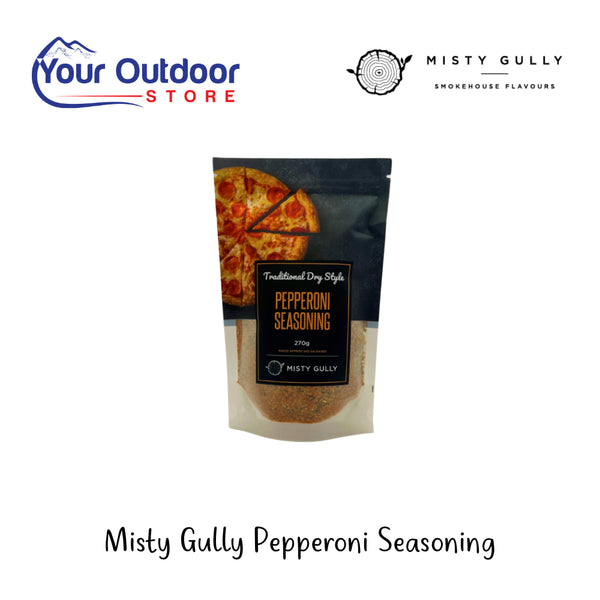 Misty Gully Pepperoni Seasoning | Hero Image Showing All Logos And Titles.