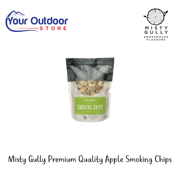 Misty Gully Premium Quality Apple Smoking Chips | Hero Image Showing All Logos And Titles.