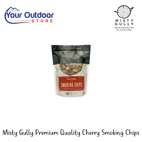 Misty Gully Premium Quality Cherry Smoking Chips | Hero Image Showing  All Logos And Titles.