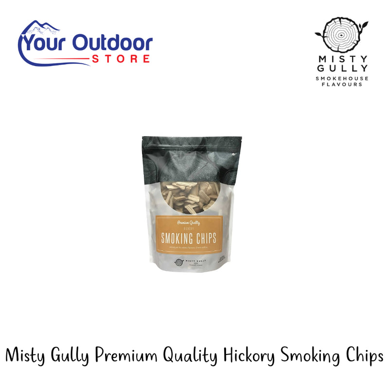 Misty Gully Premium Quality Hickory Smoking Chips | Hero Image Showing All Logos And Titles.