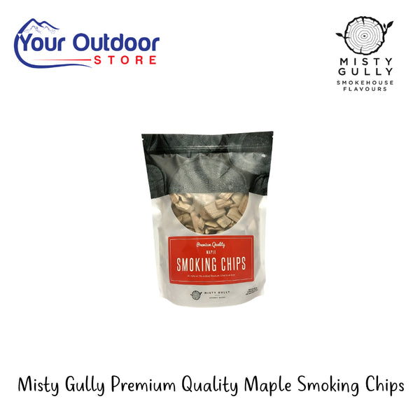 Misty Gully Premium Quality Maple Smoking Chips | Hero Image Showing All Logos And Titles.