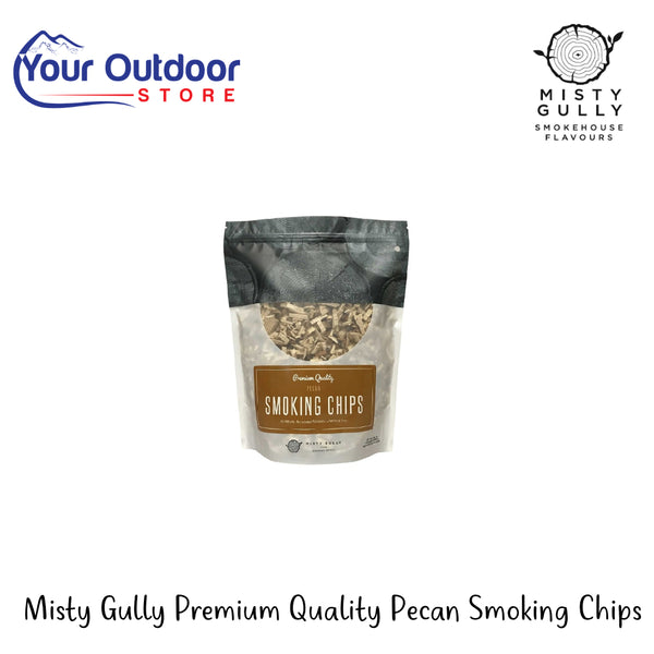 Misty Gully Premium Quality Pecan Smoking Chips | Hero Image Showing All Logos And Titles.