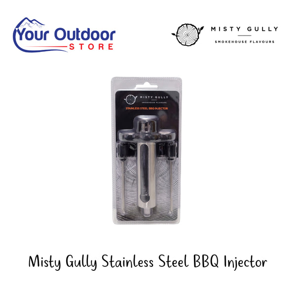 Misty Gully Stainless Steel BBQ Injector | Hero Image Showing All Logos And Titles.