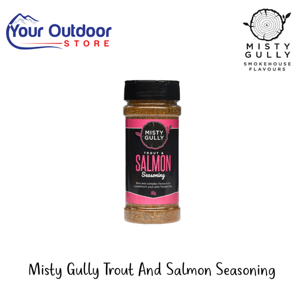 Misty Gully Trout And Salmon Seasoning | Hero Image Showing All Logos And Titles.