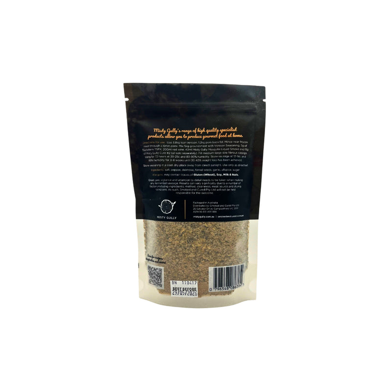 375g | Misty Gully Venison Salami Seasoning Image Showing Back View.