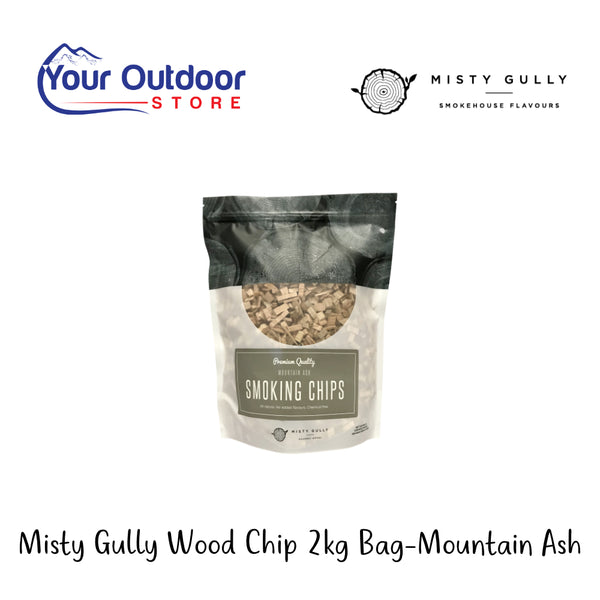 Misty Gully Wood Chip 2kg Bag - Mountain Ash | Hero Image Showing All Logos And Titles.
