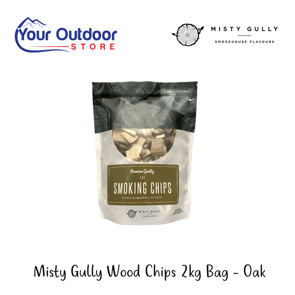 Misty Gully Wood Chip 2kg Bag - Oak | Hero Image Showing All Logos And Titles.