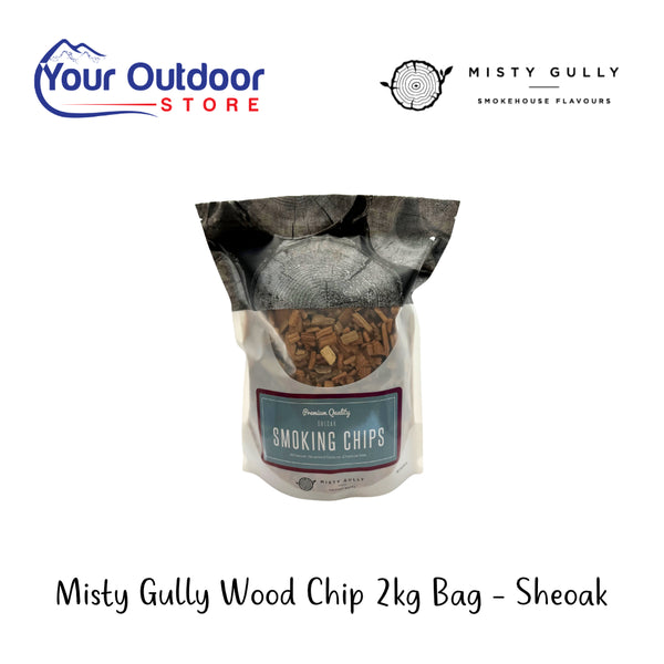 Misty Gully Wood Chip 2kg Bag - Sheoak | Hero Image Showing All Logos And Titles.