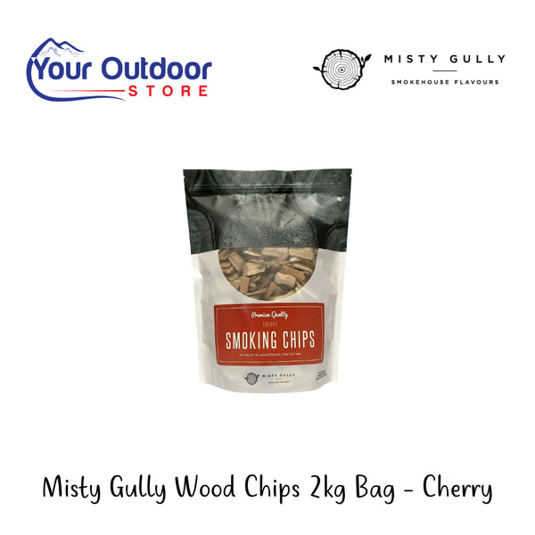 Misty Gully Wood Chips 2kg Bag - Cherry | Hero Image Showing All Logos And Titles.