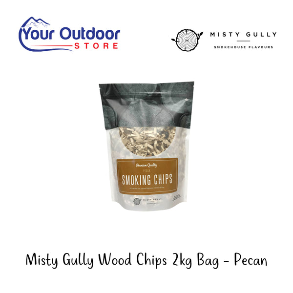 Misty Gully Wood Chip 2kg Bag  - Pecan | Hero Image Showing All Logos And Titles.