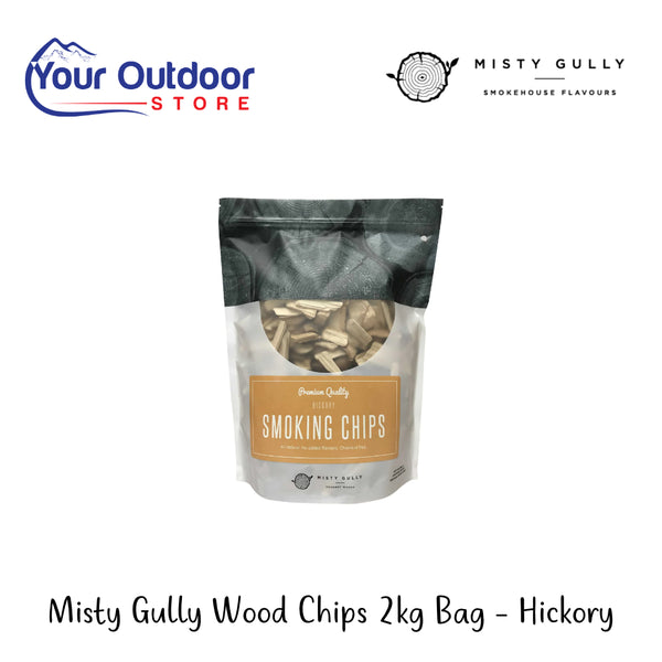 Misty Gully Wood Chips 2kg Bag - Hickory | Hero Image Showing All Logos And Titles.