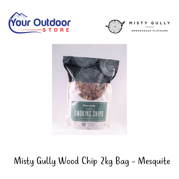 Misty Gully Wood Chip 2kg Bag - Mesquite |  Hero Image Showing All Logos And Titles. 