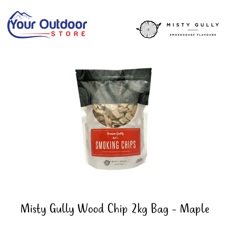 Misty Gully Wood Chip 2kg Bag - Maple | Hero Image Showing All Logos And Titles.