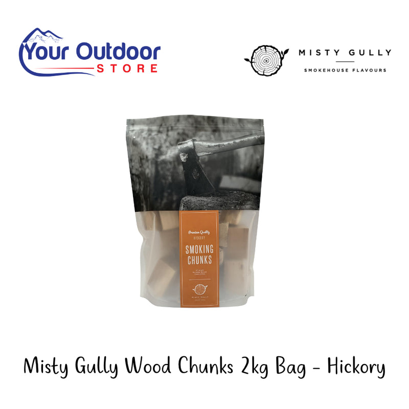 Misty Gully Wood Chunks 2kg Bag - Hickory | Hero Image Showing All Logos And Titles.