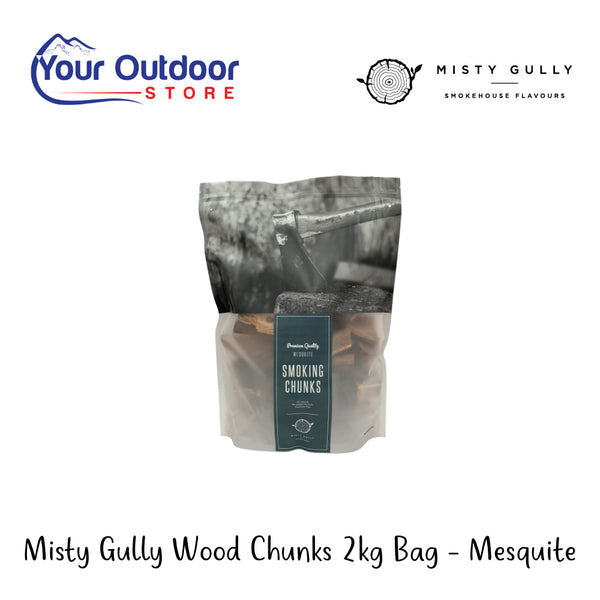 Misty Gully Wood Chunks 2kg Bag - Mesquite | Hero Image Showing All Logos Or Titles.