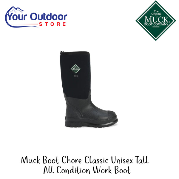 Muck Boot Chore Classic Unisex Tall Al Condition Work Boot | Hero Image Showing All Logos And Titles.