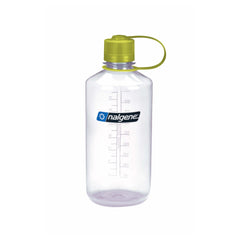 Clear | Nalgene Sustain Narrow Mouth Bottle 1000 ml. Showing Clear Bottle with Green Lid. 