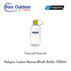 Nalgene Sustain Narrow Mouth Bottle 1000 ml. Hero Image Showing Logos and Title. 