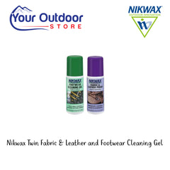Nikwax Twin Fabric & Leather and Footwear Cleaning Gel. Hero Image Showing Logos and Title. 