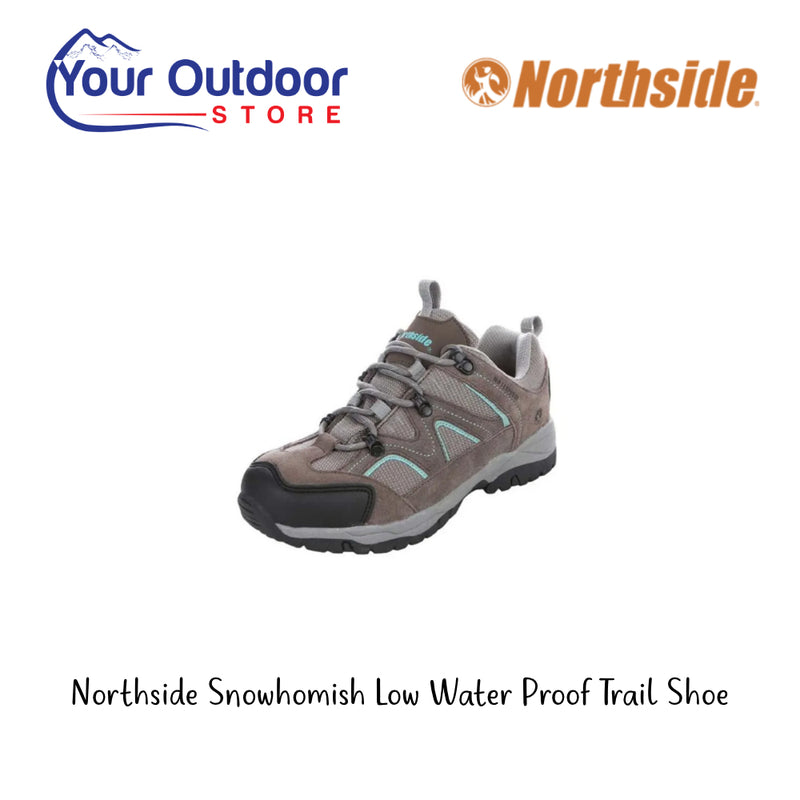 Northside Snowhomish Low Water Proof Trail Shoe. Hero Image Showing Logos and Title. 