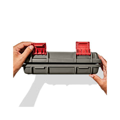 Grey/Red | OXO Outdoor Camp Kitchen Prep Set Image Showing Front View Of The Latches On The Front.