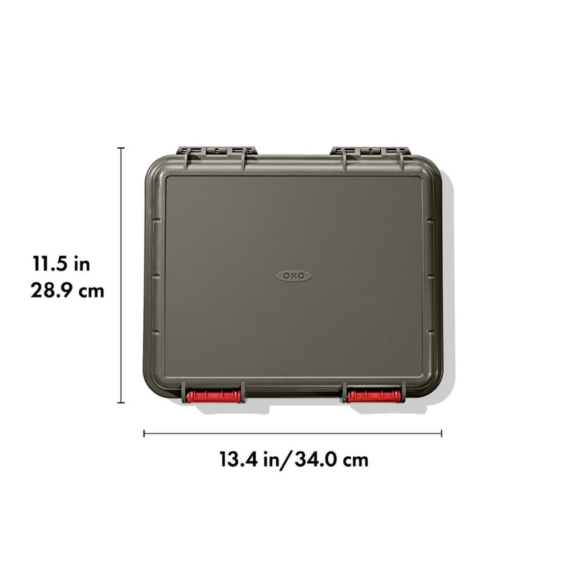 Grey/Red | OXO Outdoor Camp Kitchen Prep Set Image Showing Measurements Of The Outer Case.