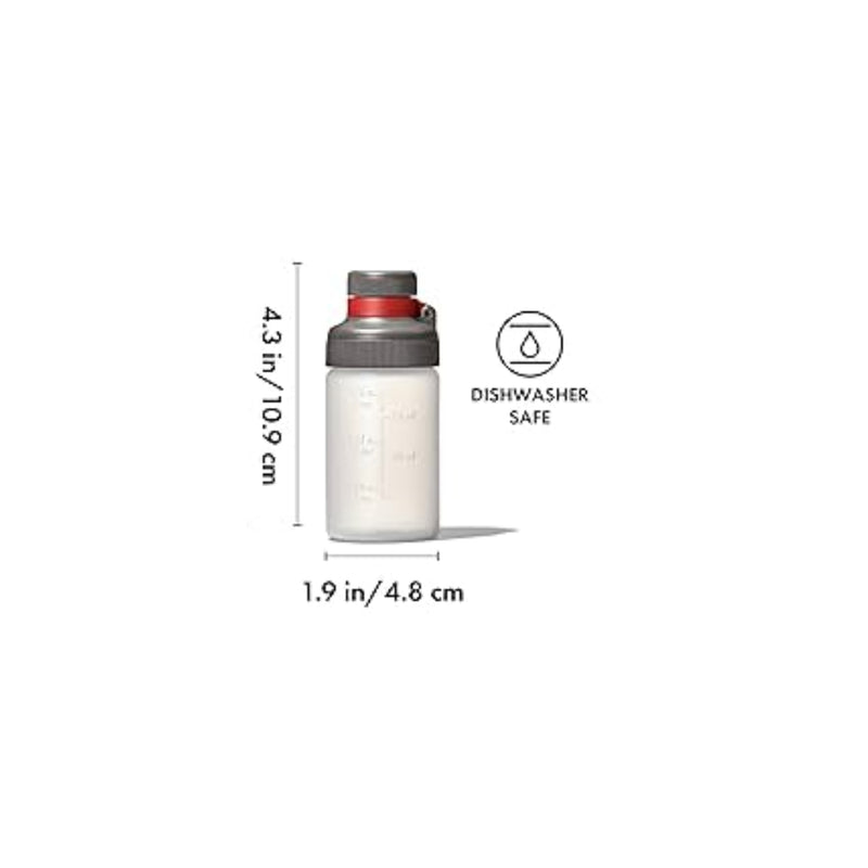 Grey/Red | OXO Outdoor Camp Kitchen Prep Set Image Showing Measurements Of The Squeezy Sauce Bottle.