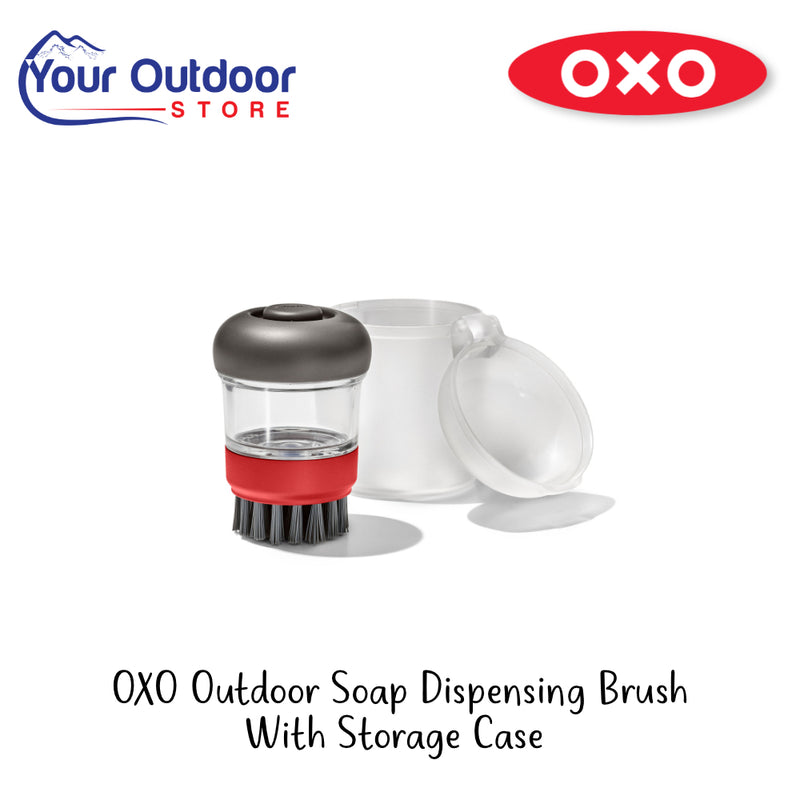 OXO Outdoor Soap Dispensing Brush With Storage Case | Hero Image Showing All Logos And Titles.