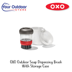 OXO Outdoor Soap Dispensing Brush With Storage Case | Hero Image Showing All Logos And Titles.