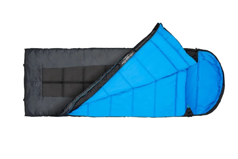 Black / Blue | Rolled out sleeping bag half zipped open showing blue lining.