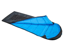 Black / Blue | Rolled out sleeping bag half unzipped showing blue lining from the angle of the hood