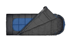 Black / Blue | Sleeping bag rolled out with zip open 3 quarters and top flipped open