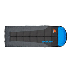 Black / Blue | Fully zipped up sleeping bag rolled out.