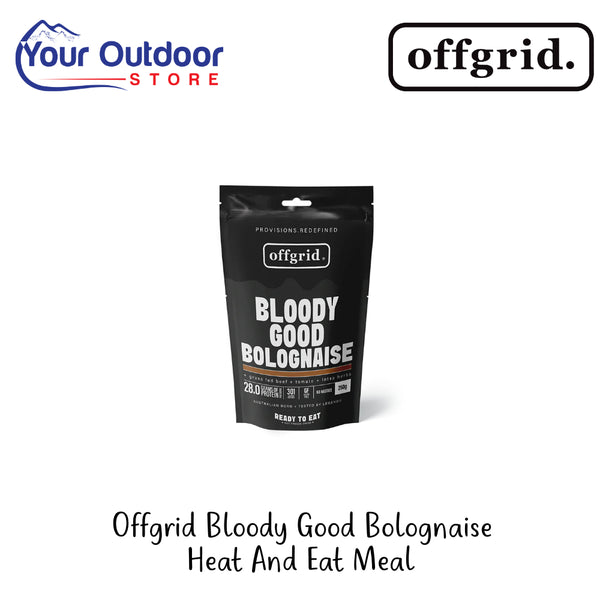 Off Grid Bloody Bolognaise Heat And Eat Meal | Hero Image Showing All Logos And Titles.