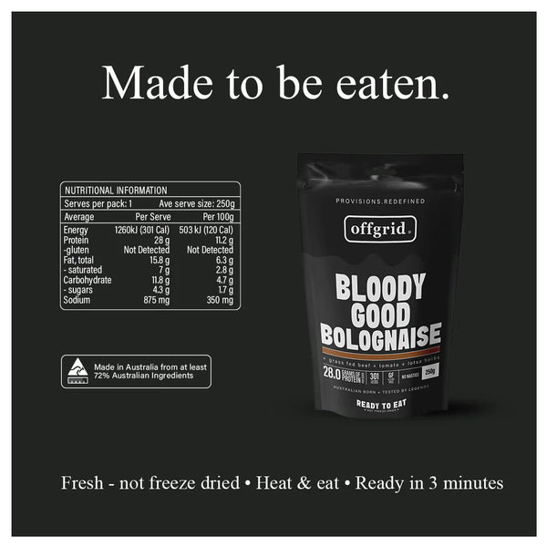 250g | Off Grid Bloody Good Bolognaise Image Showing Close Up View Of The Nutritional Information.