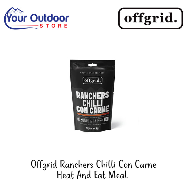 Offgrid Ranchers Chilli Con Carne Heat And Eat Meal | Hero Image Showing All Logos And Titles.