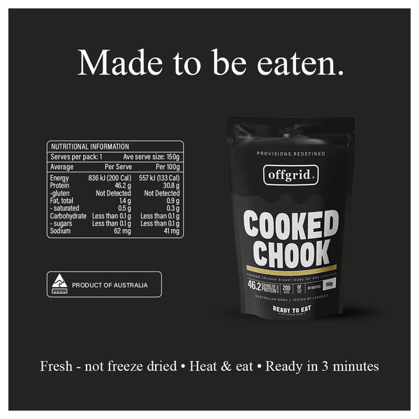 150g | Off Grid Cooked Chook Image Showing Close Up View Of The Nutritional Information.