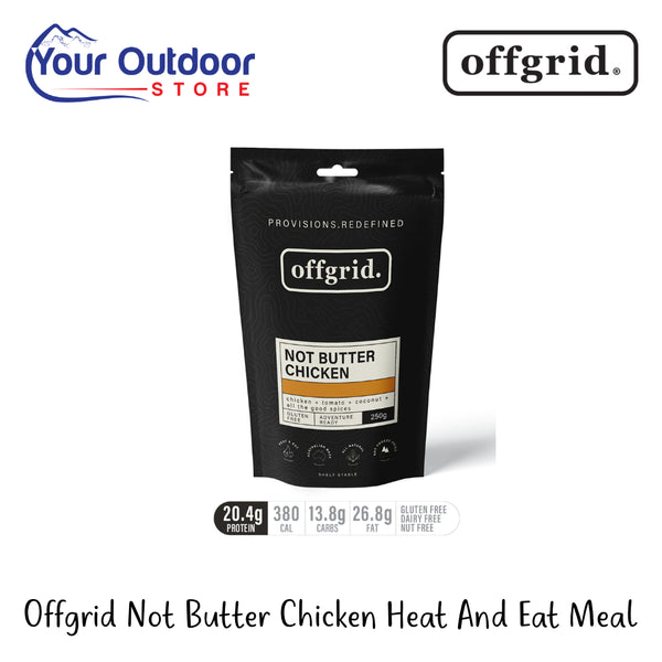 Off Grid Not Butter Chicken Heat And Eat Meal | Hero Image Showing All Logos And Titles.
