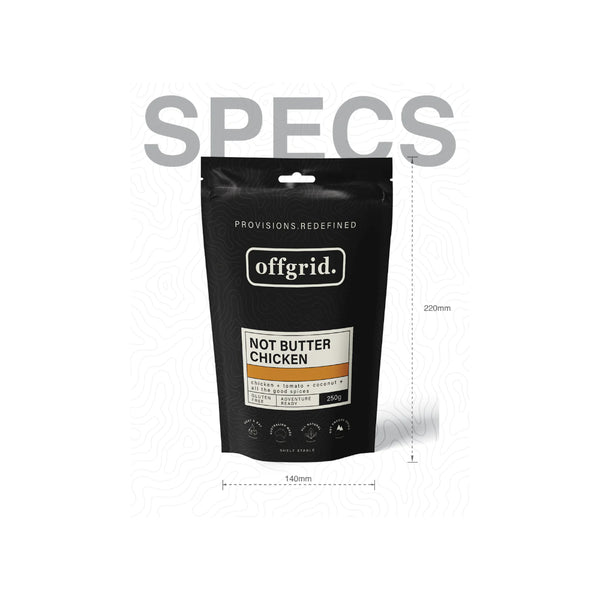 Not Butter Chicken | Off Grid Heat And Eat Meal Image Showing Packing Specs.