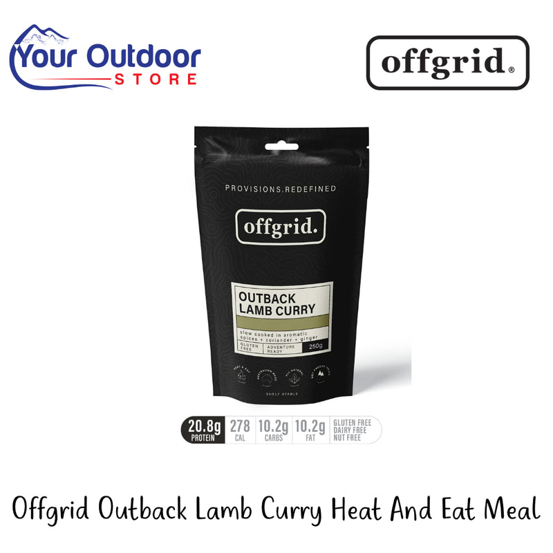 Off Grid Outback Lamb Curry Heat And Eat Meal | Hero Image Showing All Logos And Titles.