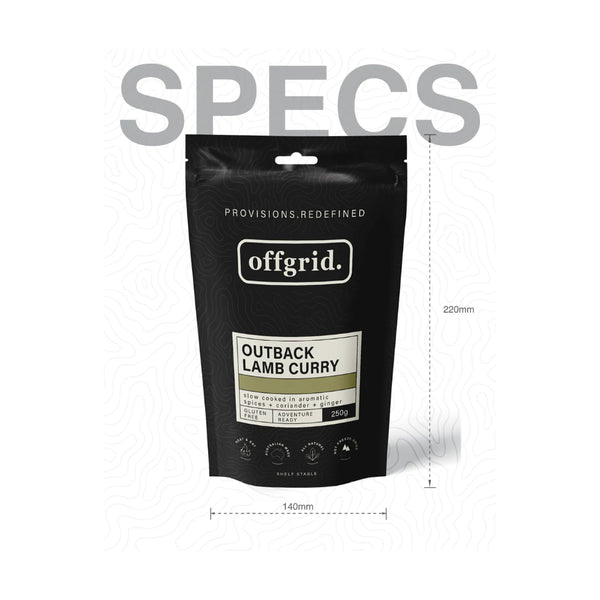 Outback Lamb Curry | Off Grid Heat And Eat Meals Image Showing Packaging Specs.