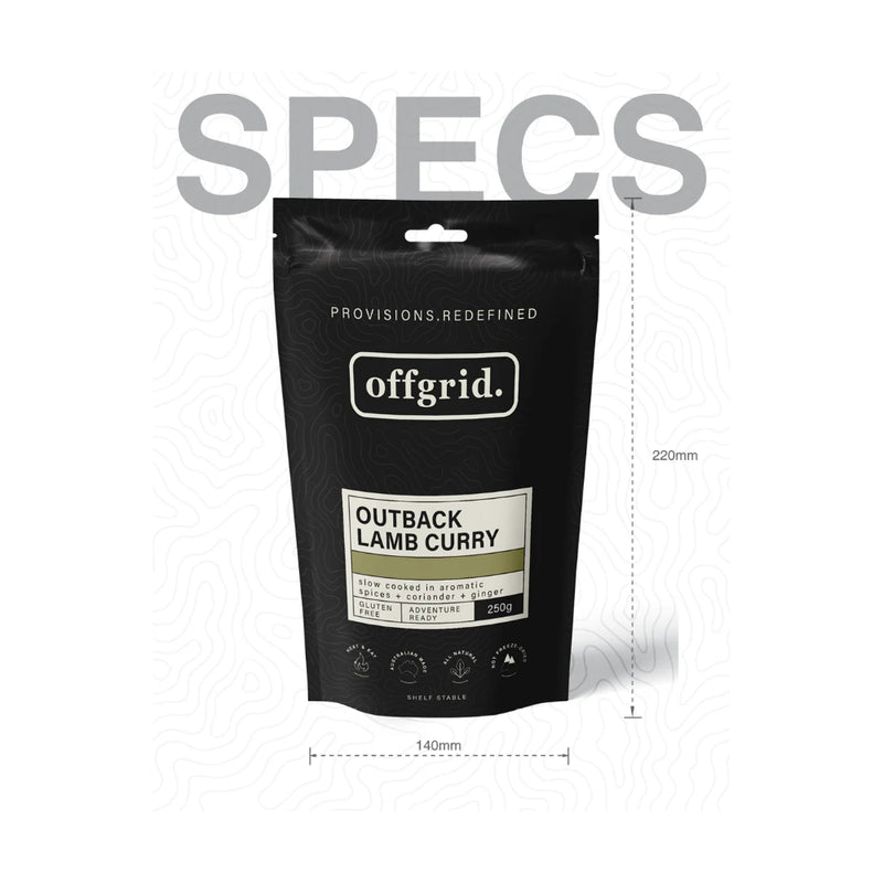 Outback Lamb Curry | Off Grid Heat And Eat Meals Image Showing Packaging Specs.
