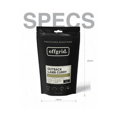 Outback Lamb Curry | Off Grid Heat And Eat Meals Image Showing Packaging Specs.