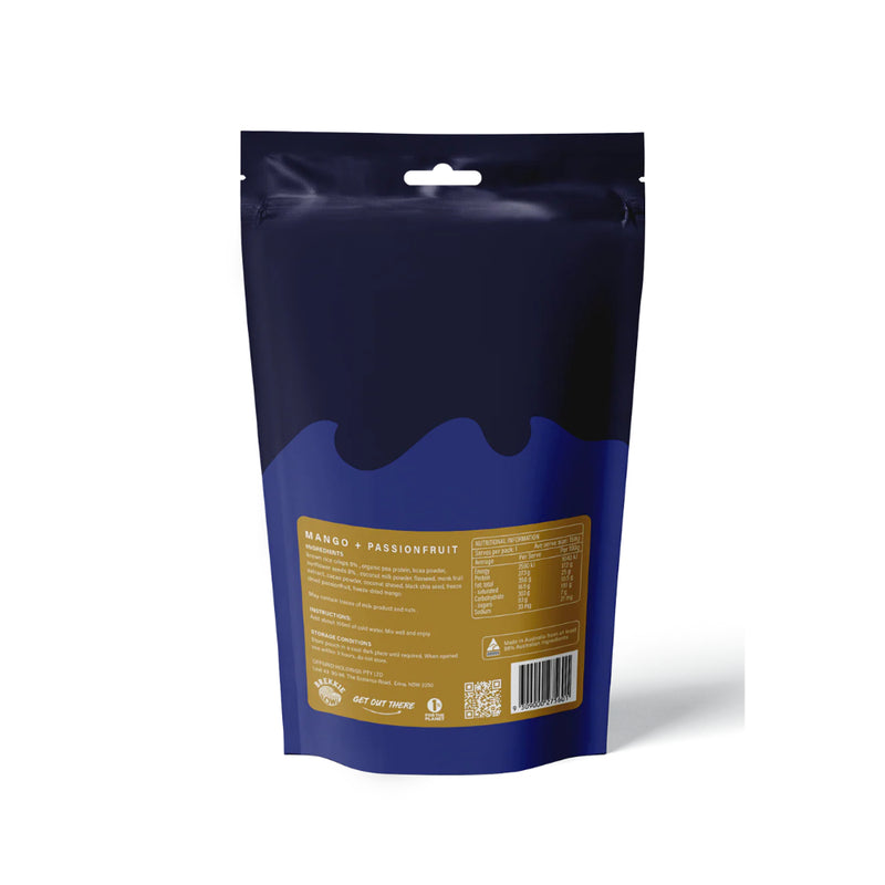 Mango And Passionfruit | Offgrid Peak Performance Series Breakfast Bowl Image Showing Back Of Packaging With All Of The Nutrient Information.