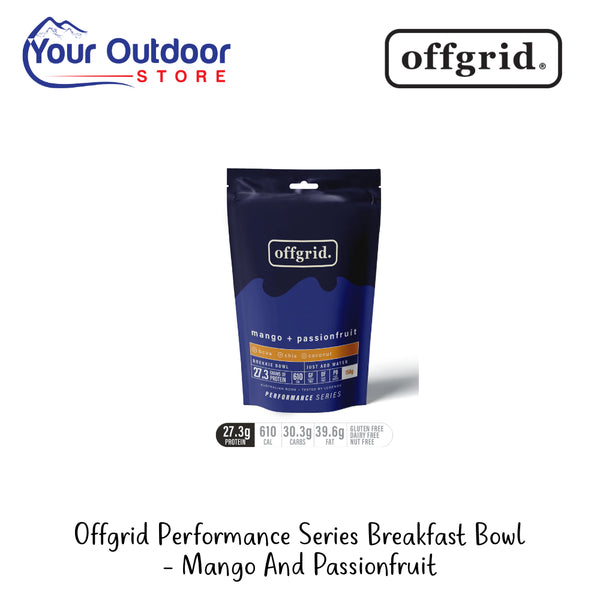 Offgrid Peak Performance Series Breakfast Bowl - Mango And Passionfruit | Hero Image Showing All Logos And Titles.