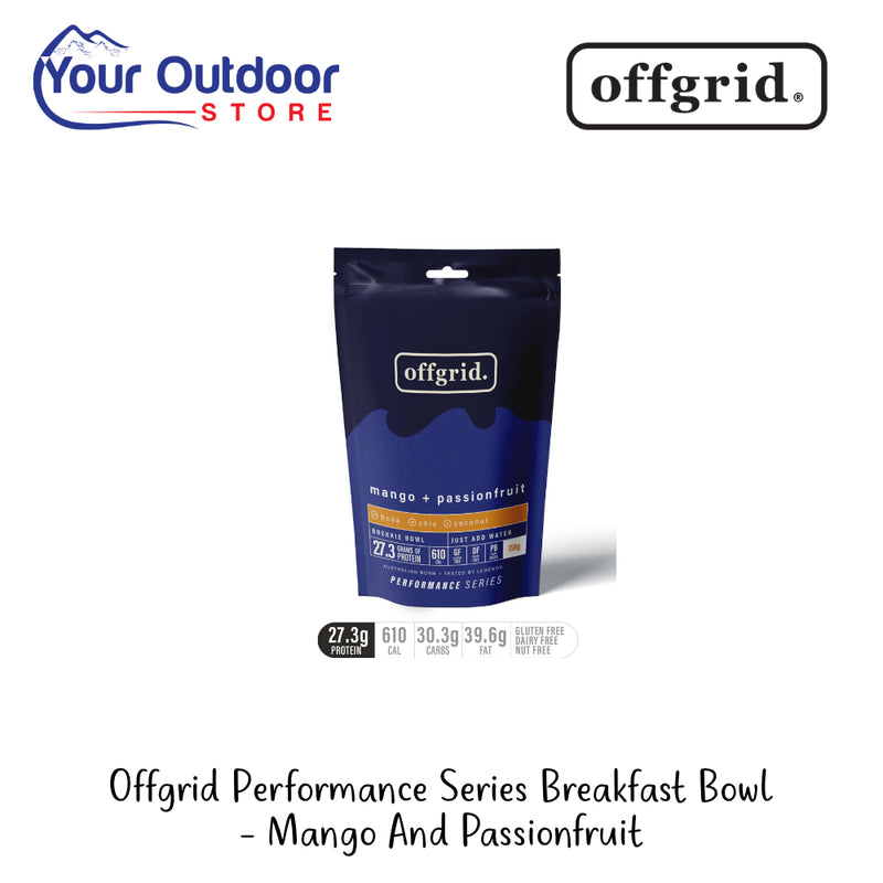 Offgrid Peak Performance Series Breakfast Bowl - Mango And Passionfruit | Hero Image Showing All Logos And Titles.