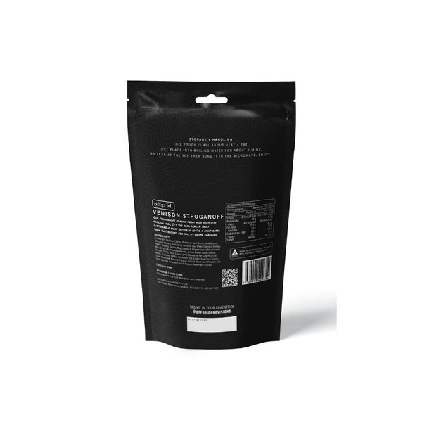 Venison Stroganoff | Off Grid Heat And Eat Meal Image Showing Back View.
